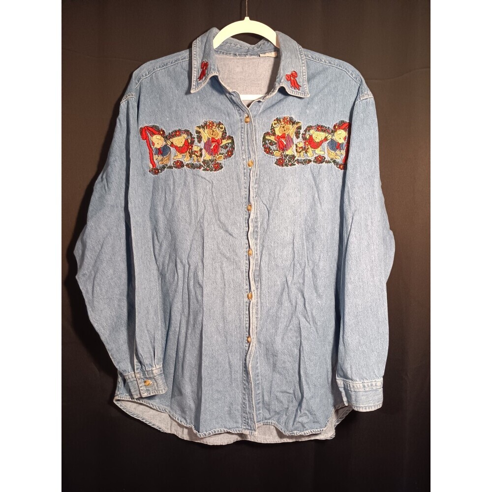 Vintage 90s Bobbi Brooks XL Christmas Embroidered Denim Shirt Teddy Bear Top